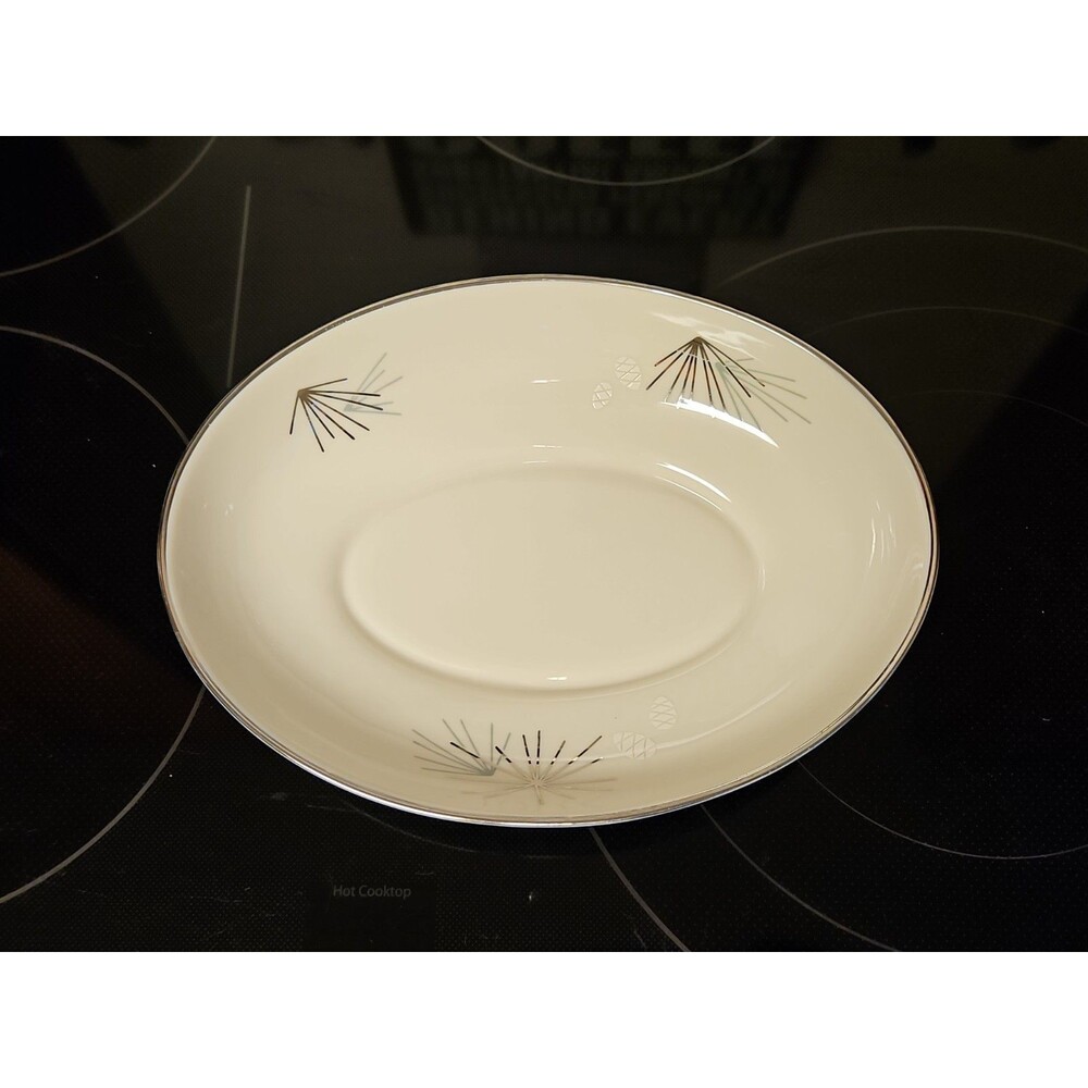 Vintage MCM Franciscan Silver Pine Atomic Pine Cones Oval Serving Bowl 8.75" EUC